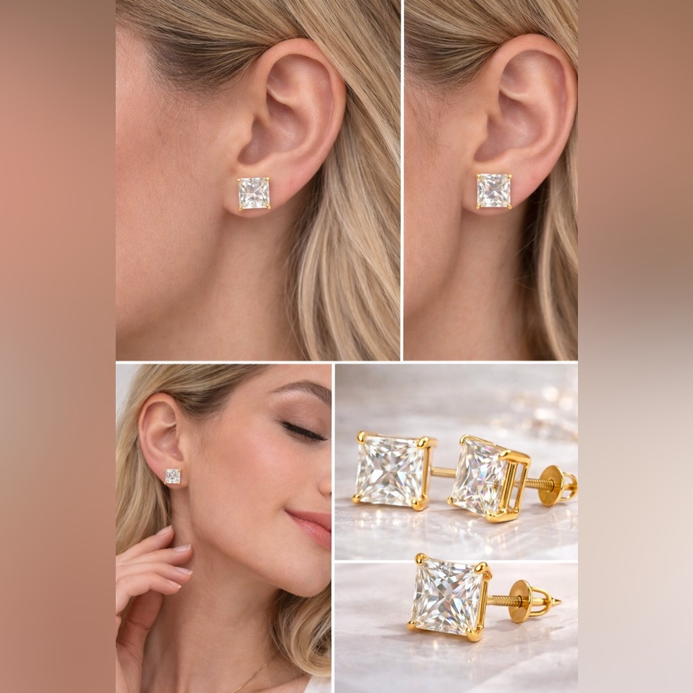 2.4CT Moissanite Stud Earrings Princess Cut D gold over 925 Sterling Silver